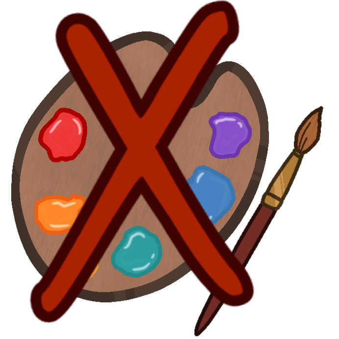 A wooden paint pallette with six different colors of paint on it, each one a color of the rainbow. Next to the paint pallette is a basic paint brush with a red handle and brown bristles. There is a big red X over these items.